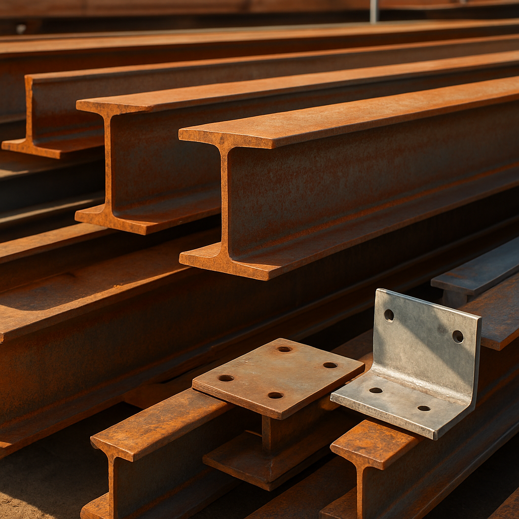 Structural steel I-beams and metal components in an industrial yard