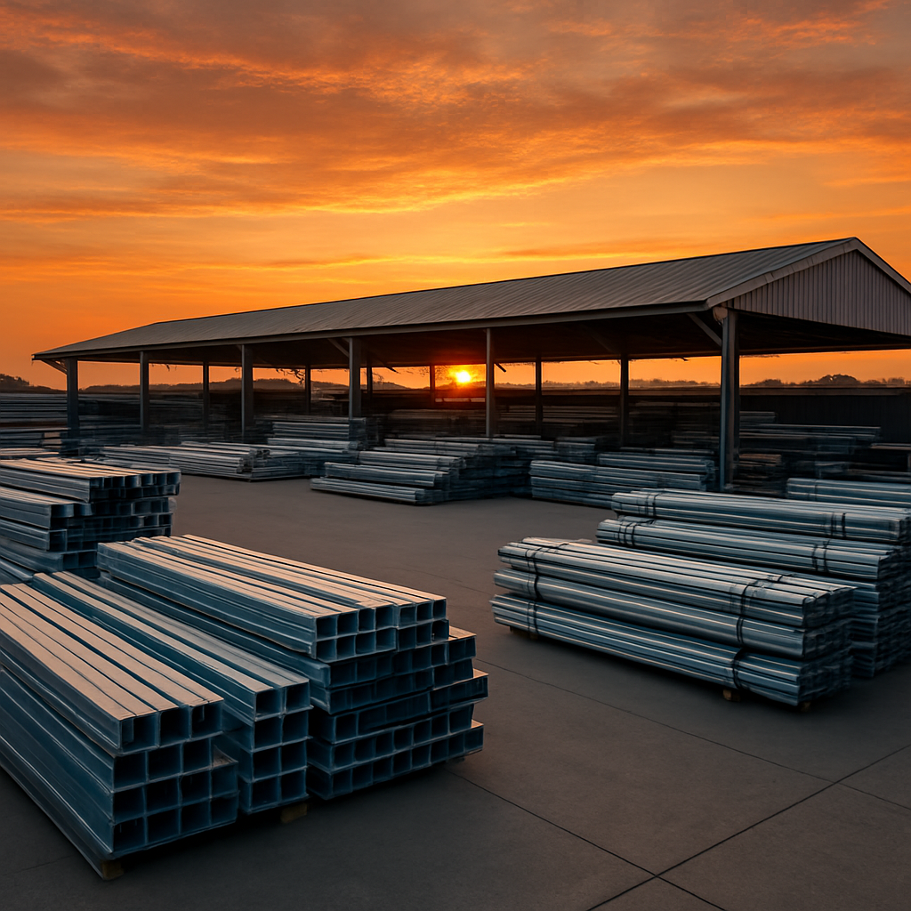 Industrial steel yard at dusk with stacked steel beams