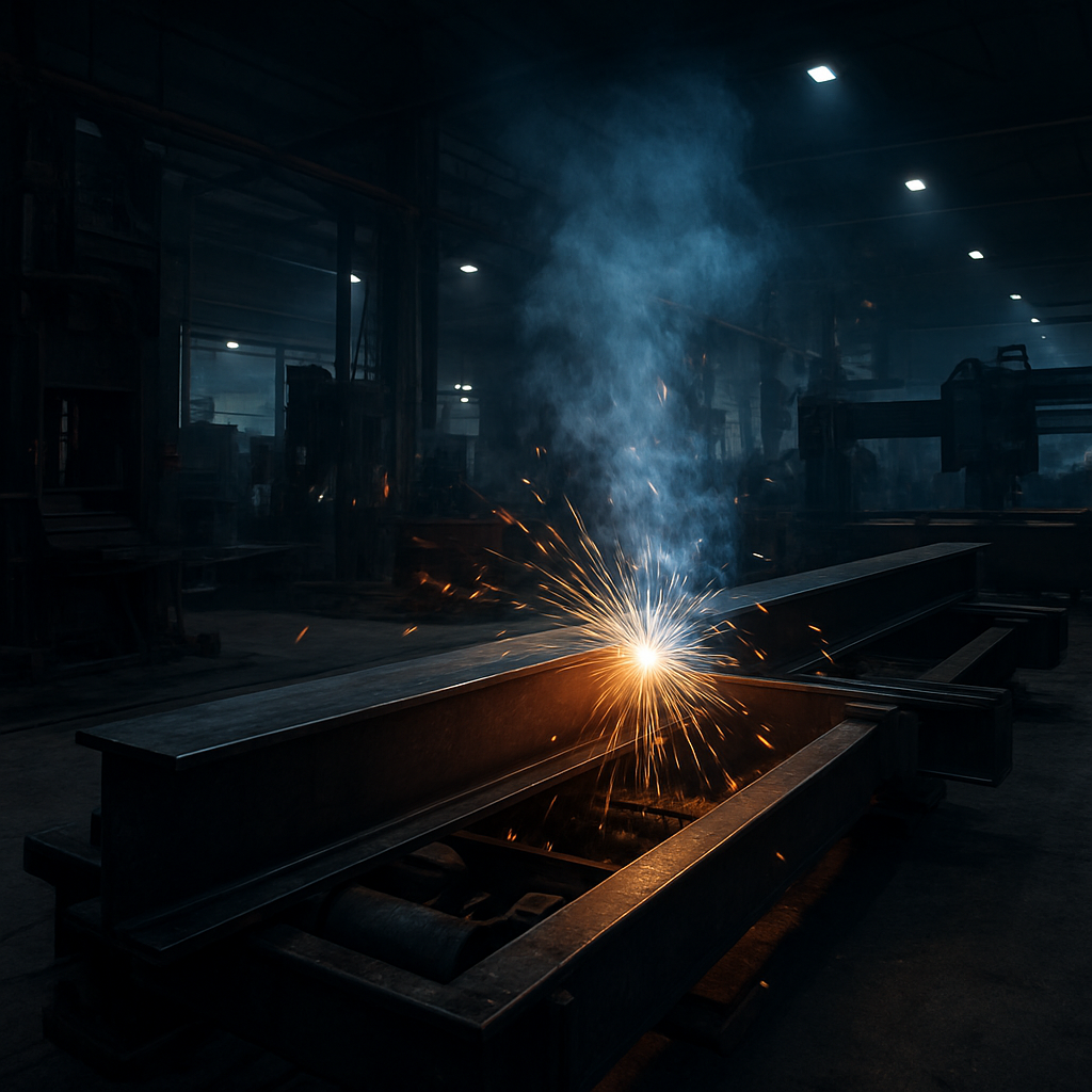 Industrial steel fabrication workshop with welding sparks