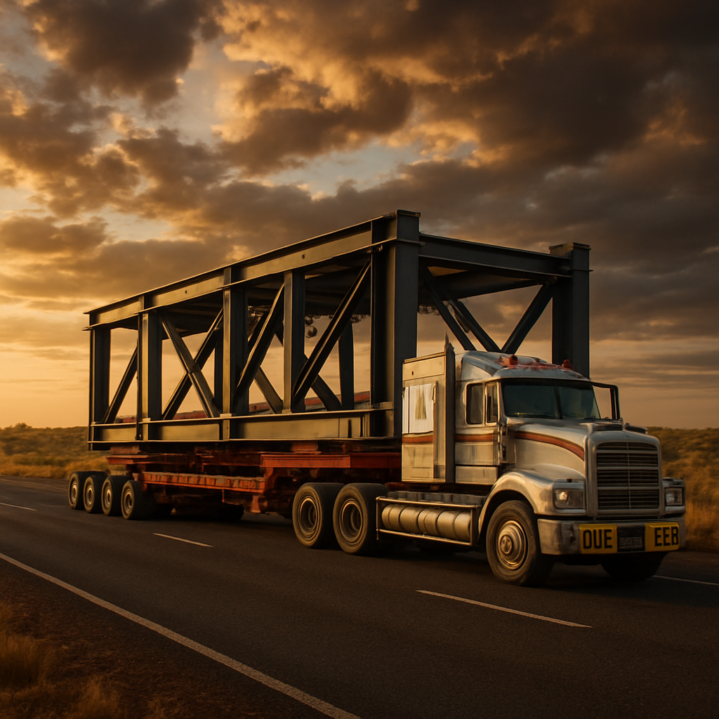 Heavy haulage truck transporting structural steel on an Australian highway